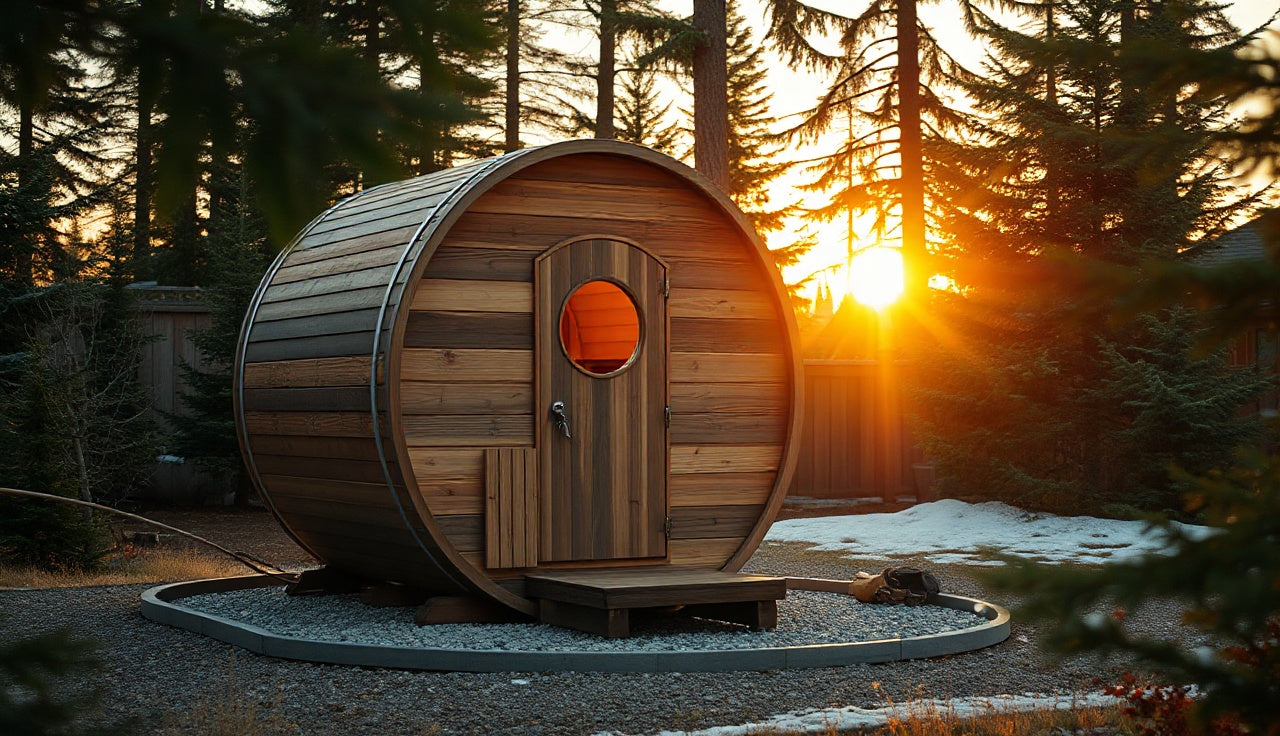 Outdoor cedar barrel infrared sauna on gravel pad at dusk with warm interior glow