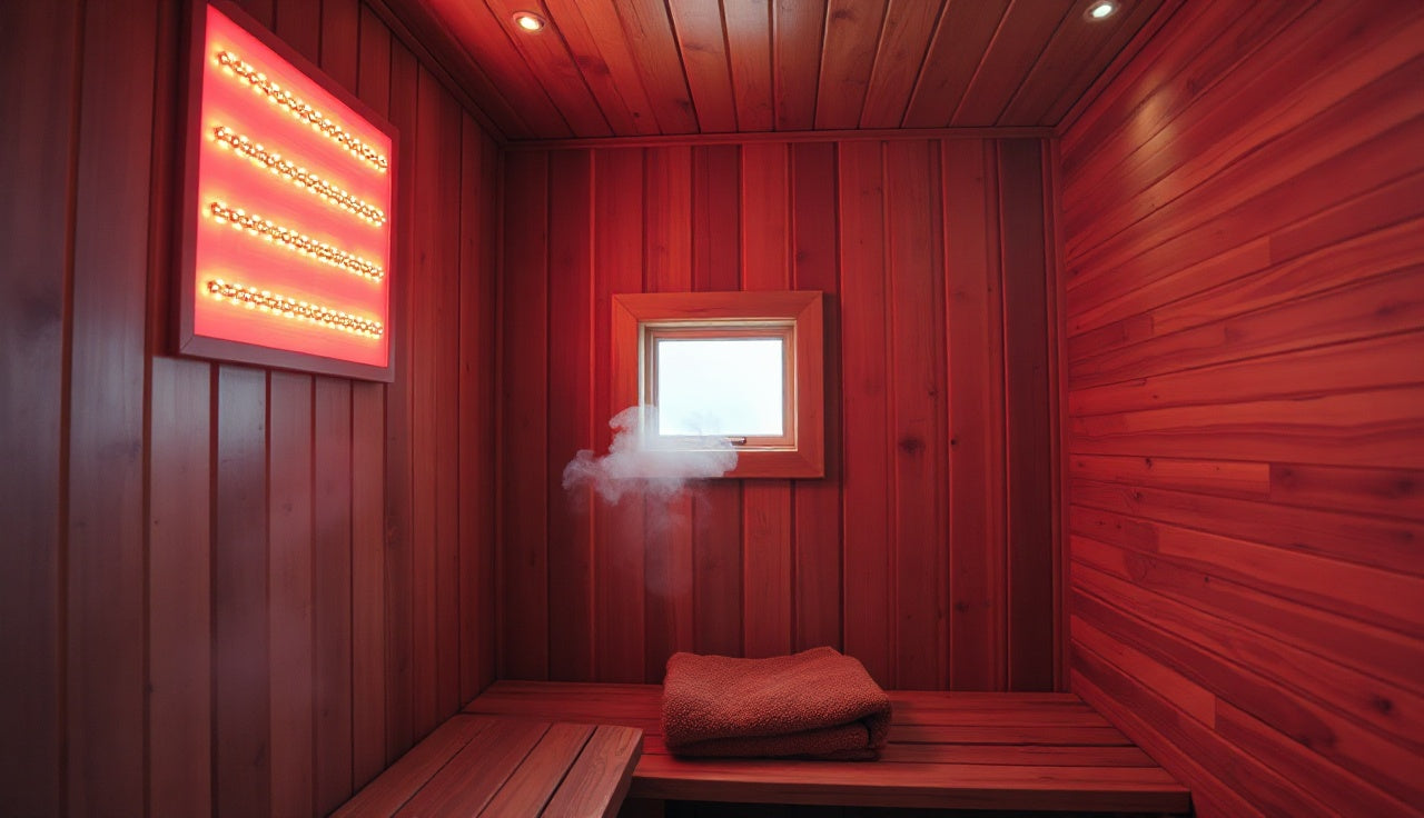 Inside a cedar infrared sauna with red light LED panels glowing on the wall