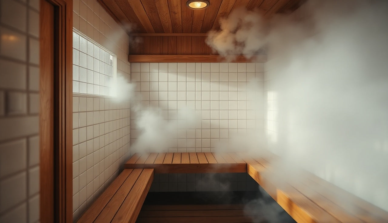 Empty steam room with condensation on cedar bench and dense white steam