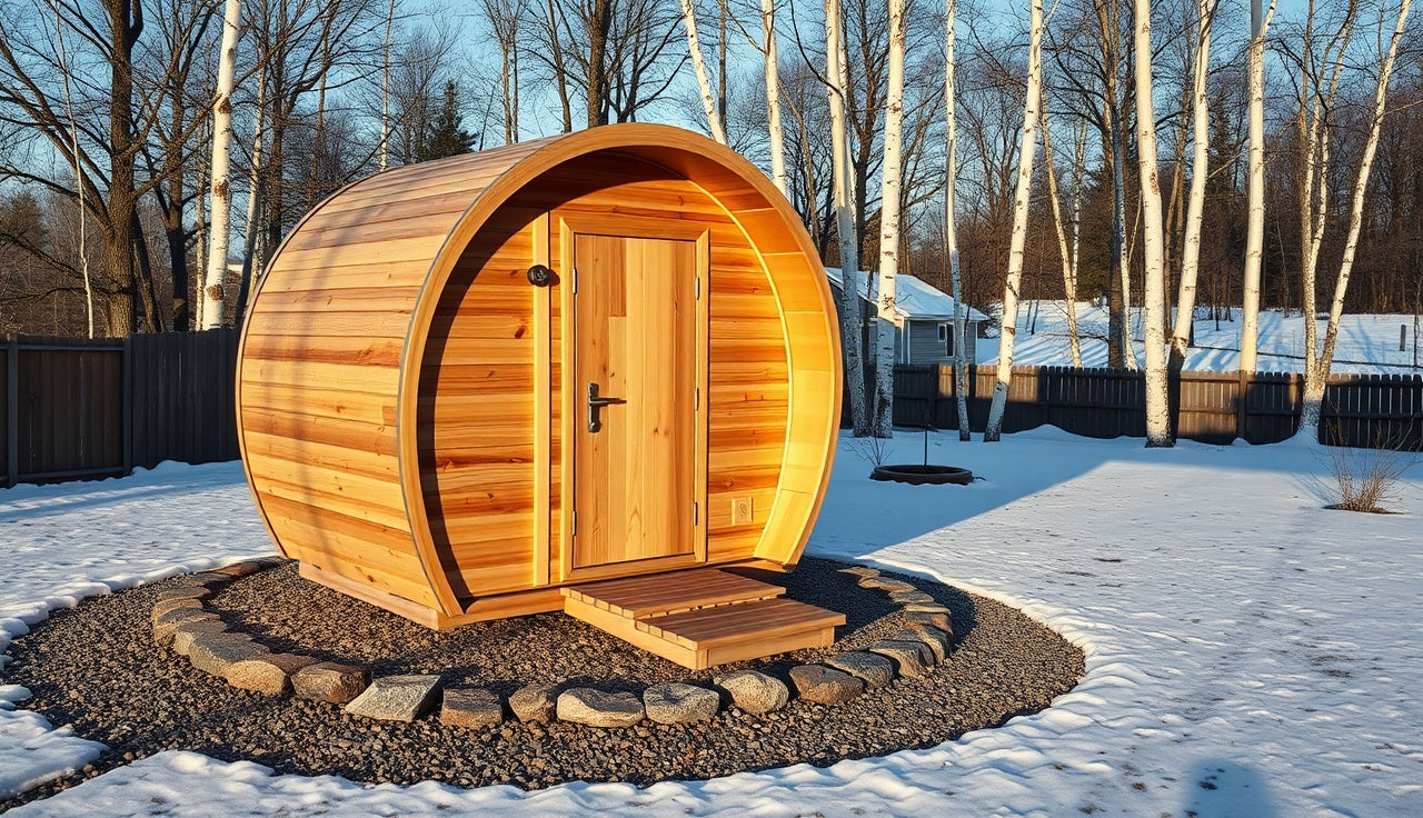 Cedar barrel sauna on a gravel pad foundation surrounded by winter snow