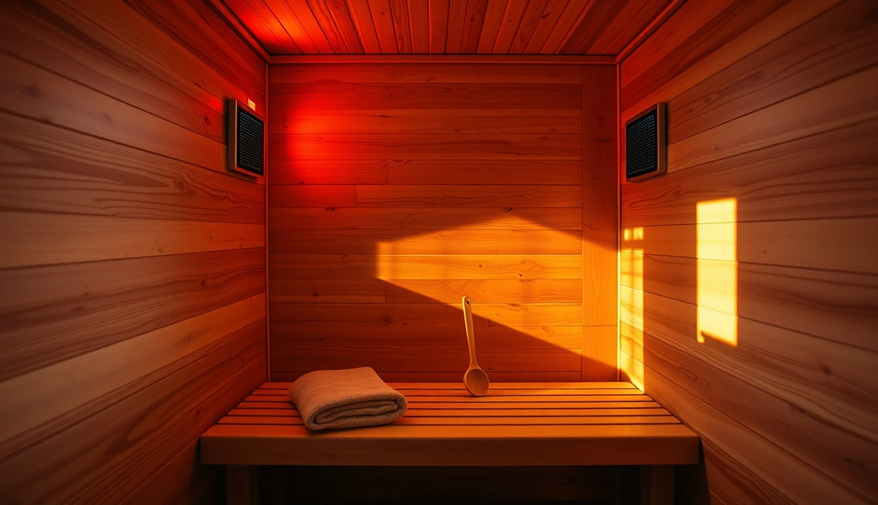 Warm cedar infrared sauna interior with glowing panel heaters and wooden bench