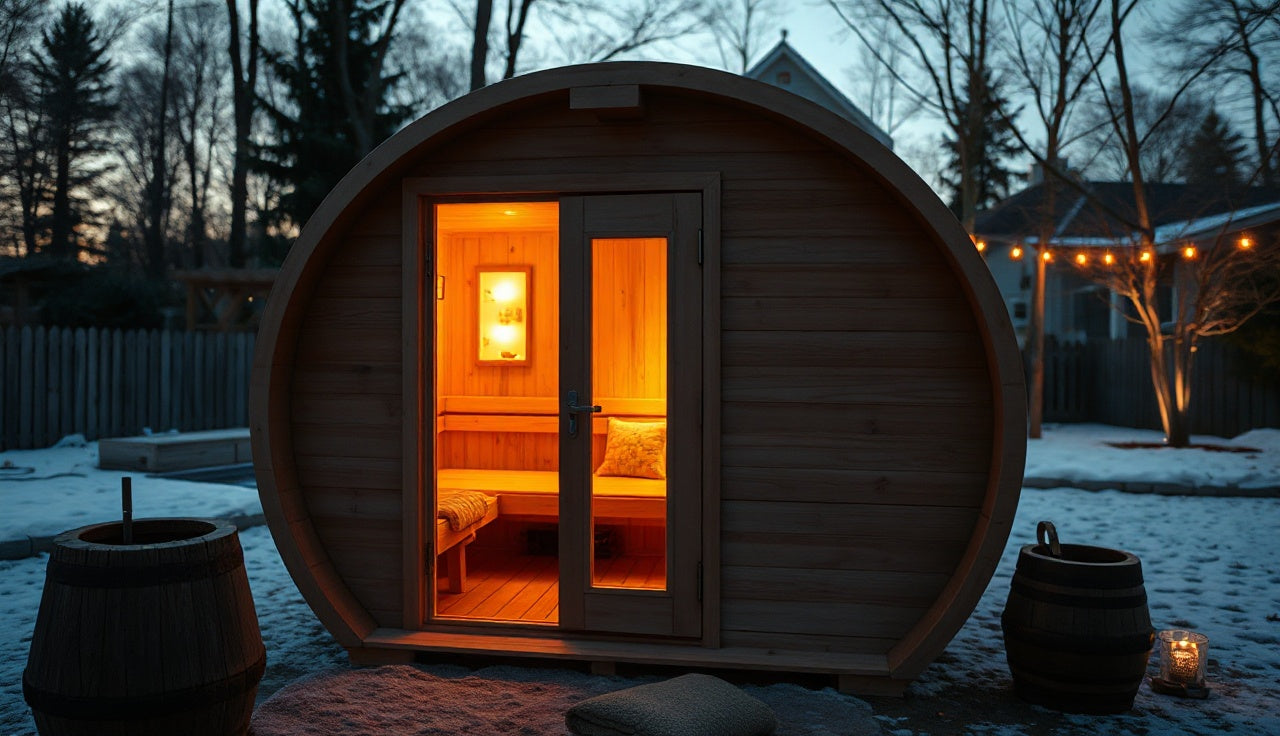 Two-person outdoor barrel sauna glowing with warm amber light at dusk
