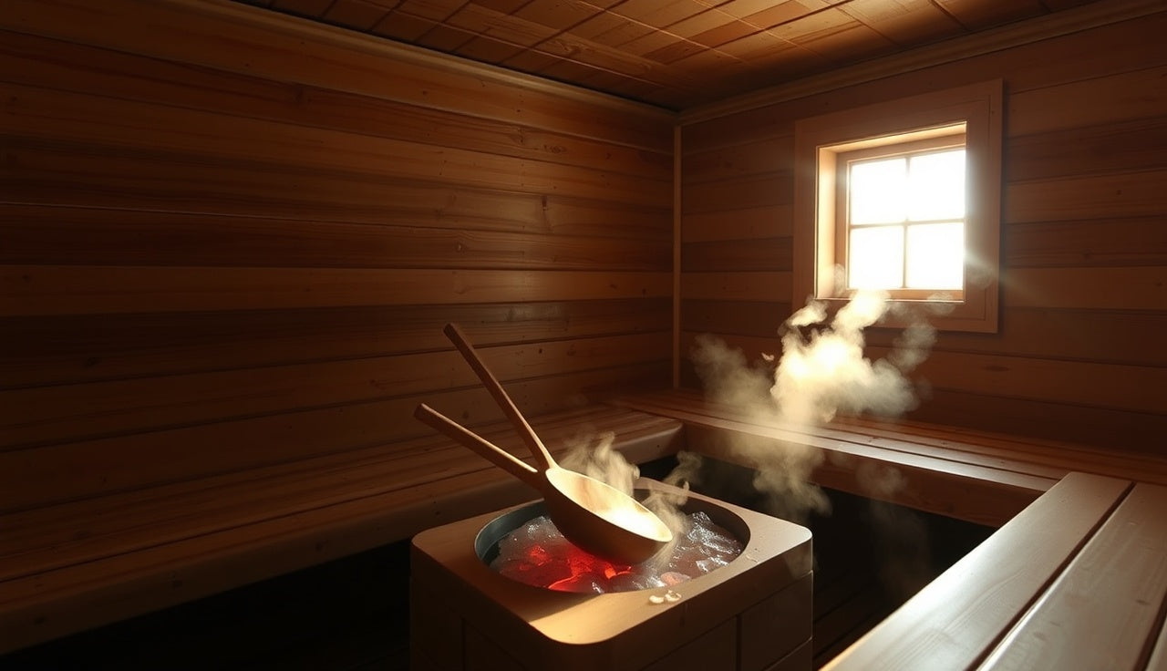 Cedar sauna interior with hot rocks and steam rising from wooden ladle