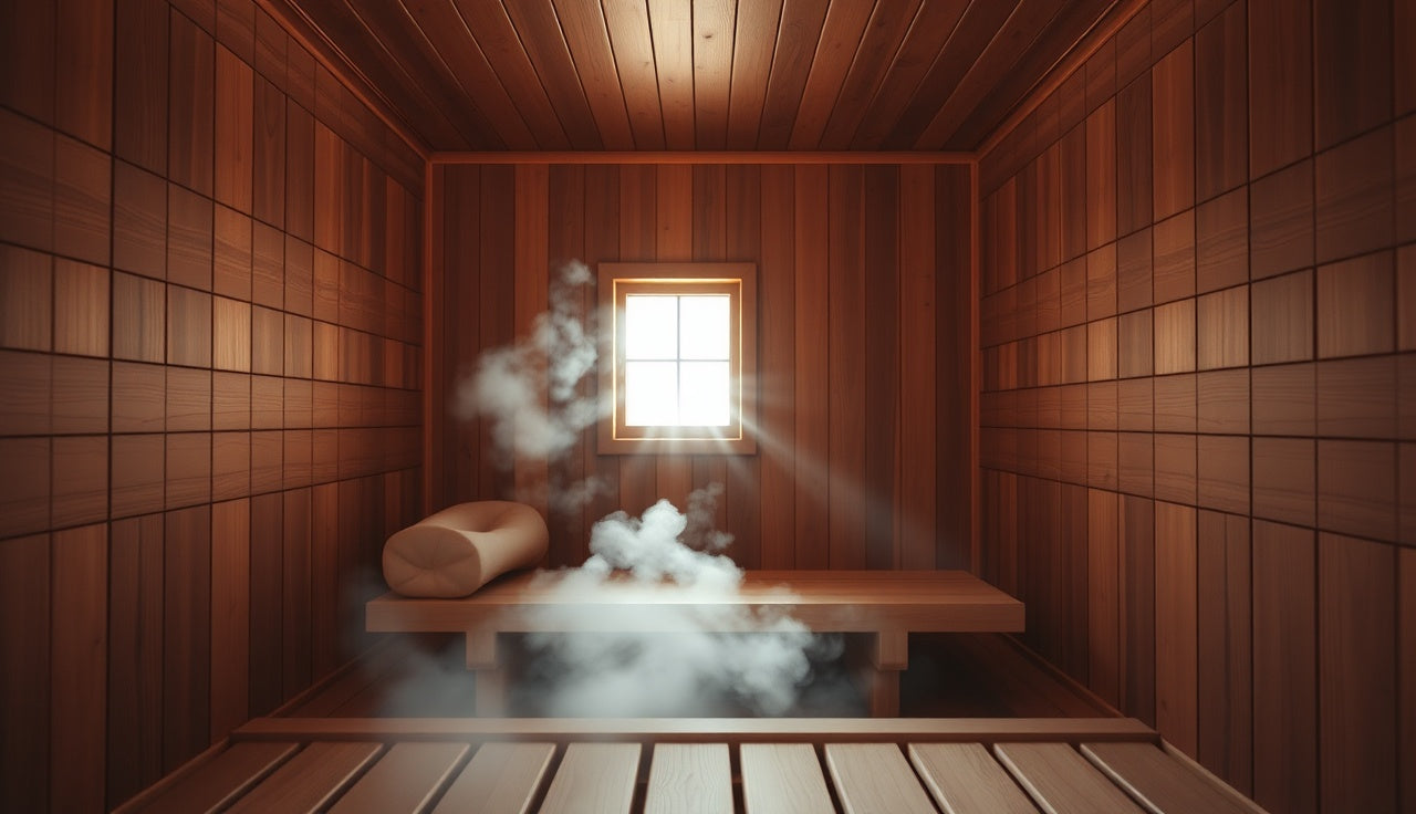 Cedar interior of a far infrared sauna cabin with warm glowing emitter panels