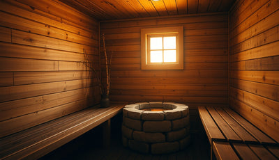 Wood-paneled Finnish sauna interior with glowing stone heater and cedar benches