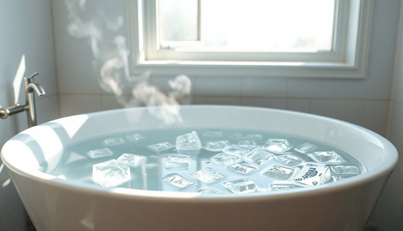 White bathtub filled with cold water and ice cubes for home ice bath