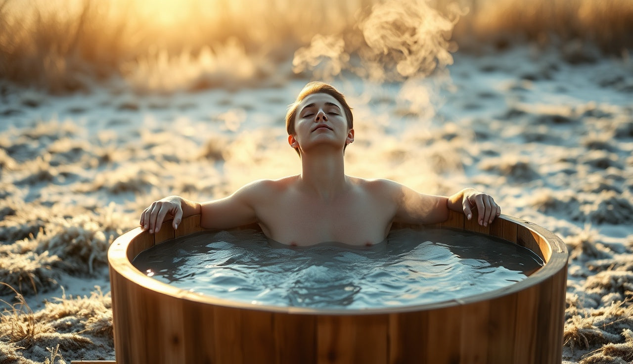 Person sitting in an outdoor cold plunge tub on a frosty morning