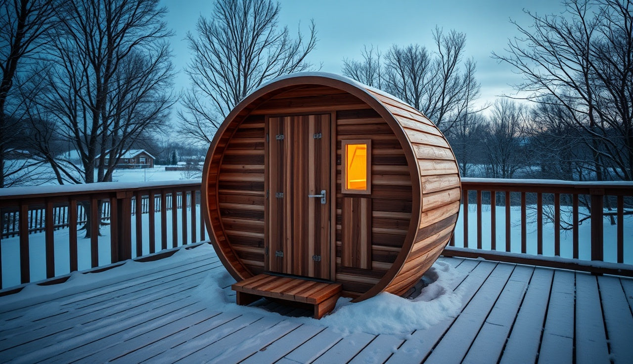 Cedar barrel sauna glowing with warm light on a snowy backyard deck at dusk
