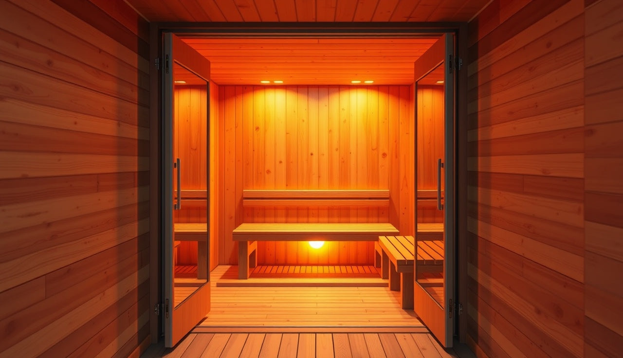 Interior of a four-person infrared sauna with warm amber lighting and wooden benches