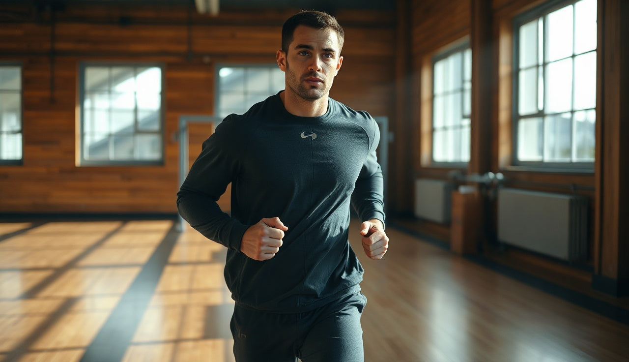 Athlete wearing a sauna suit jogging indoors during a morning workout session