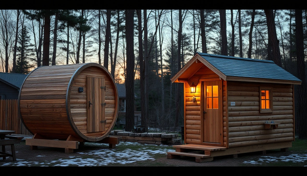 Barrel sauna and cabin sauna side by side outdoors in a snowy wooded backyard at dusk