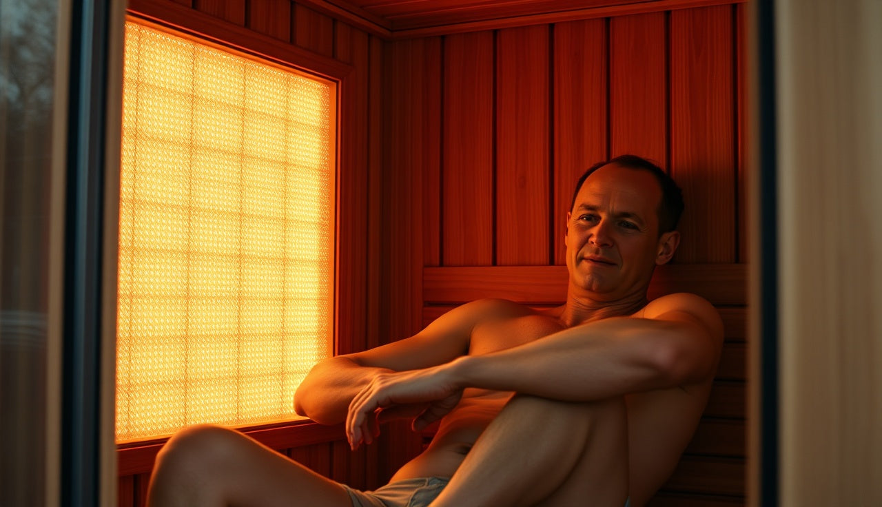 Person sweating inside a wood-paneled infrared sauna with warm amber lighting