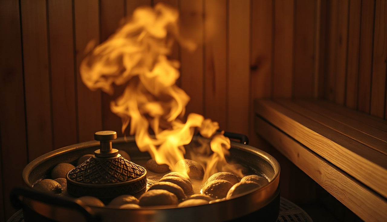 Glowing sauna stones and rising steam inside a cedar Finnish sauna room