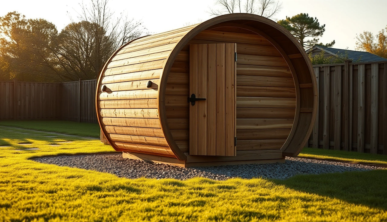 Cedar barrel sauna on gravel pad with sloped lawn drainage visible around base