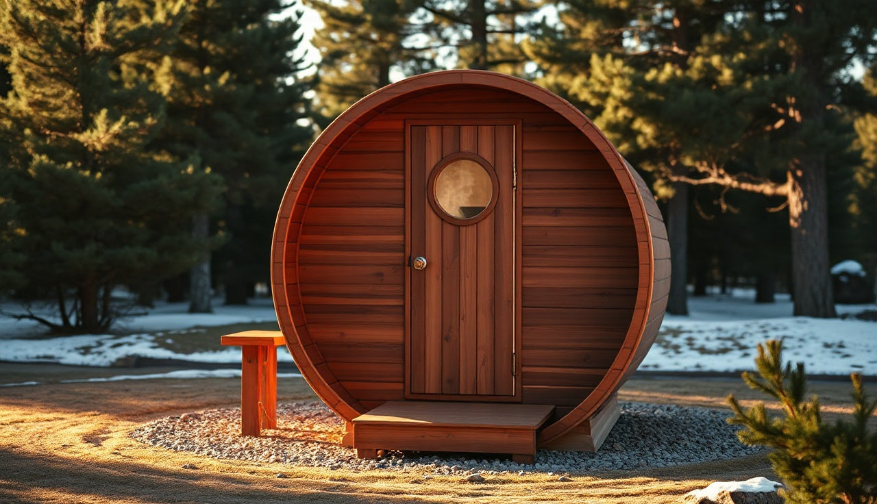 Cedar barrel sauna on gravel pad in pine-tree backyard with evening light