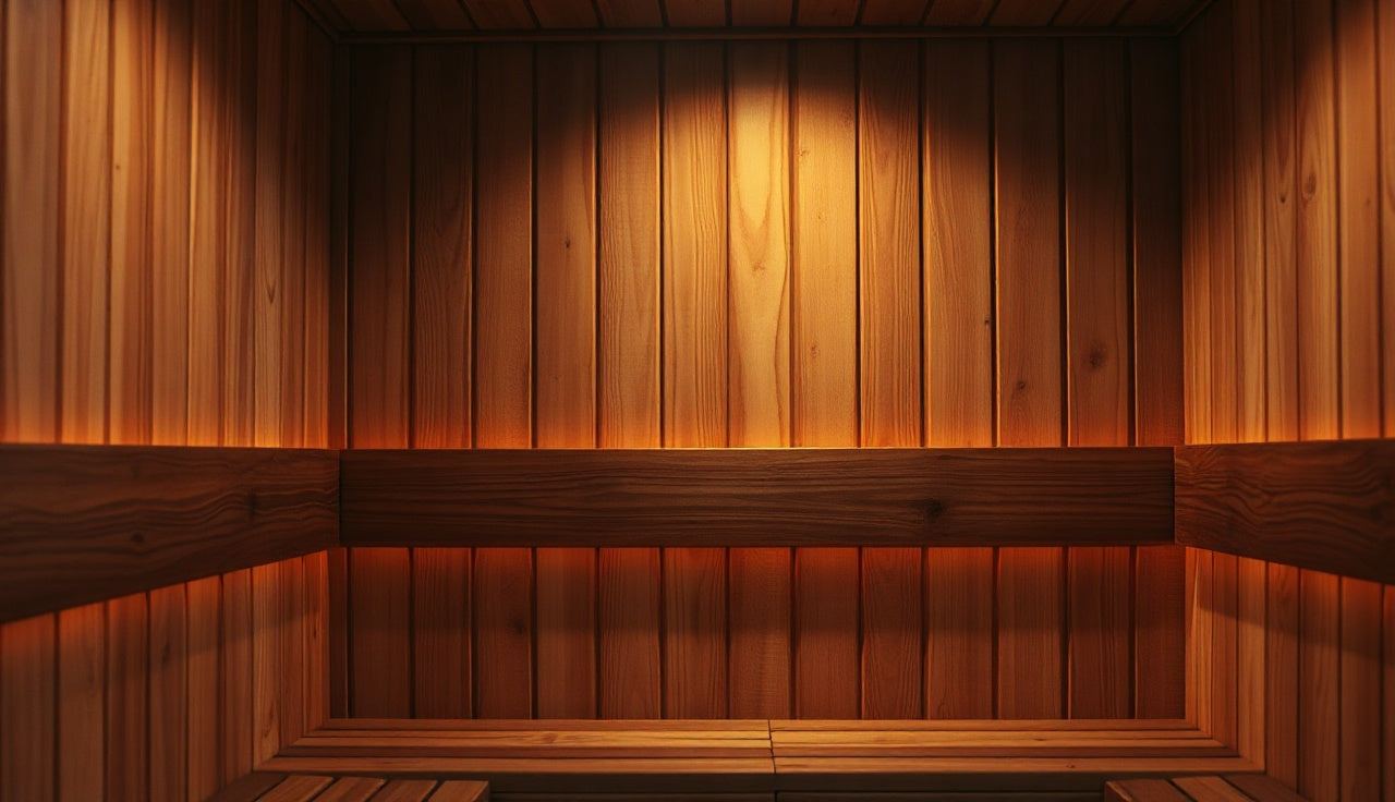 Glowing infrared sauna panels mounted on cedar wood interior wall