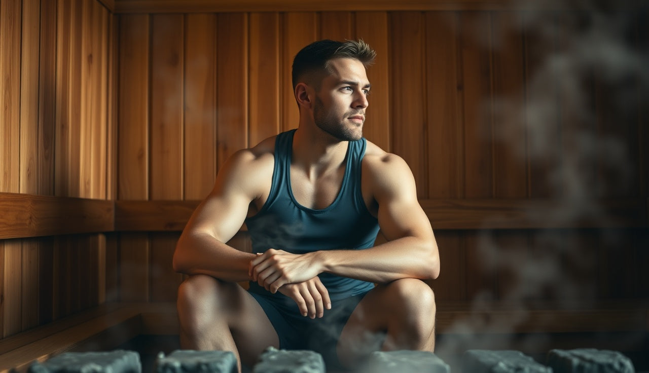 Athlete resting in hot Finnish sauna after a training run, steam rising from stones