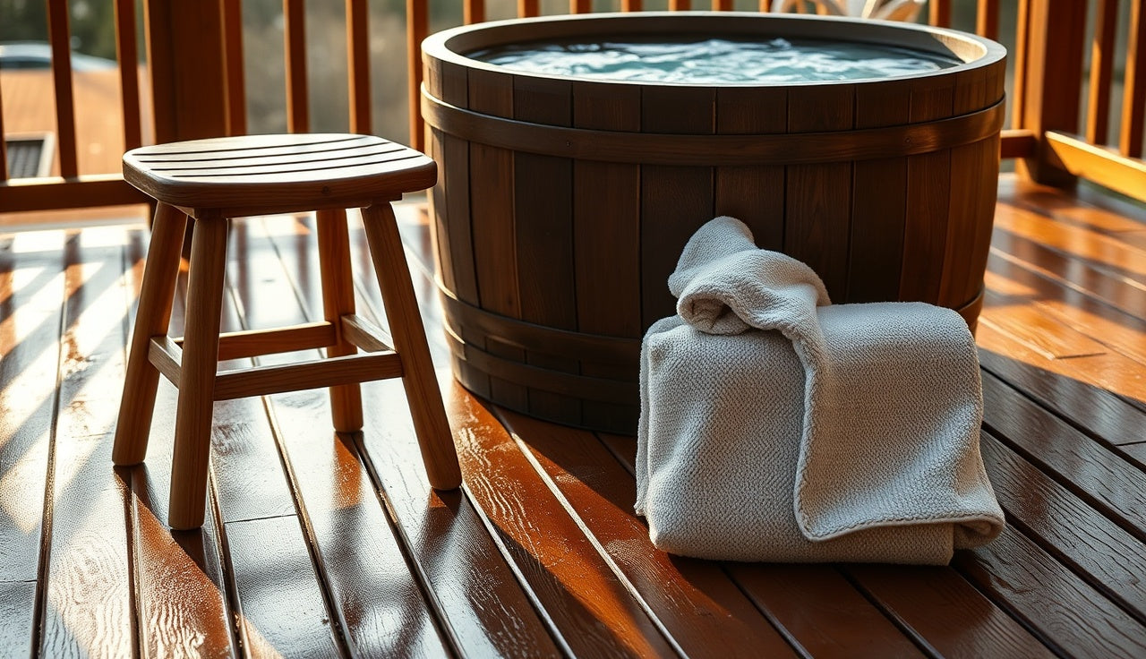 Wooden step stool next to a barrel cold plunge tub on a damp cedar deck