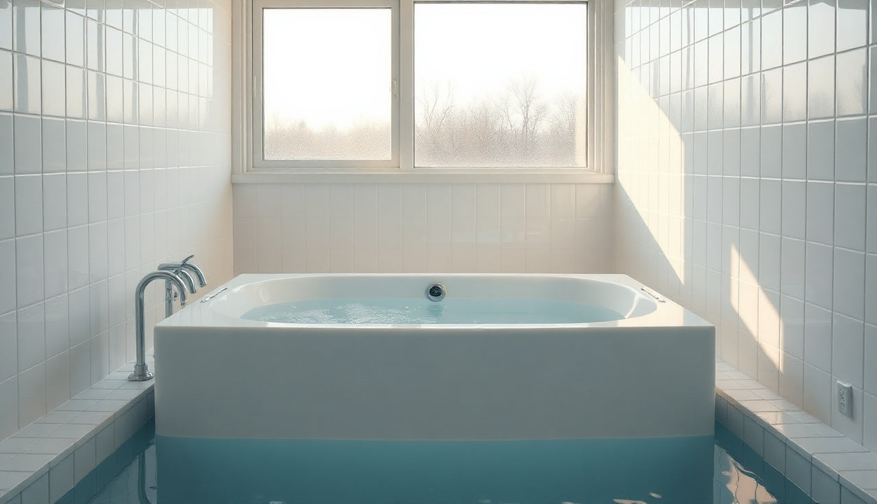 Freestanding cold plunge tub in a bright tiled indoor wellness room