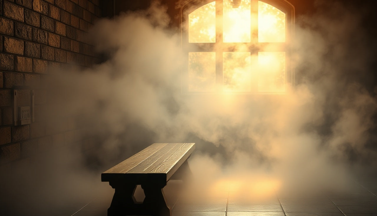Dense steam filling a tiled steam room with wooden bench and warm light
