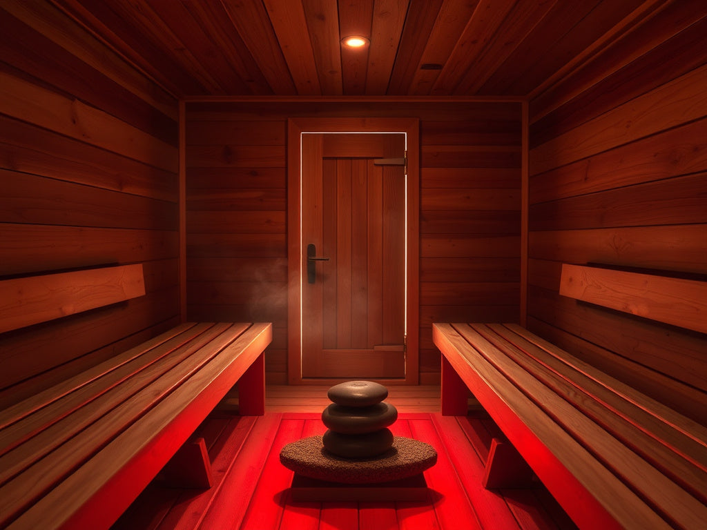 Sauna interior with wooden benches and heated stones