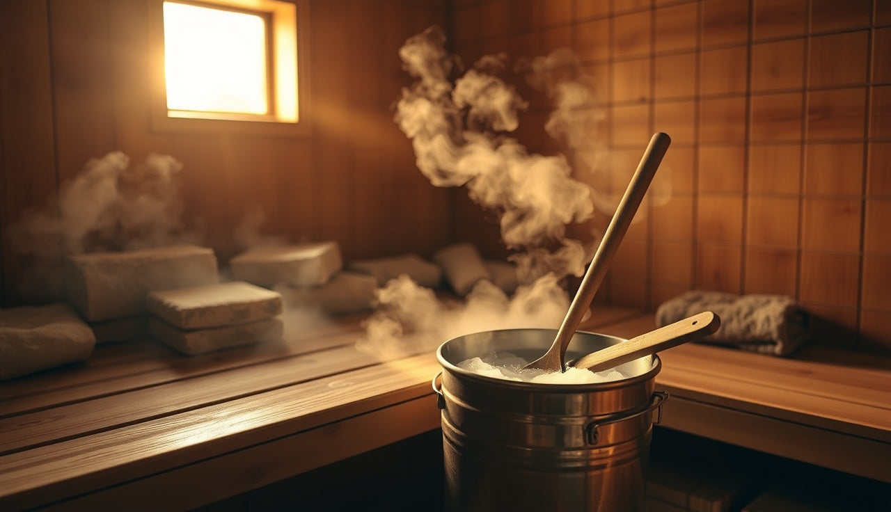 Interior of a wooden Finnish sauna with steam rising above hot stones