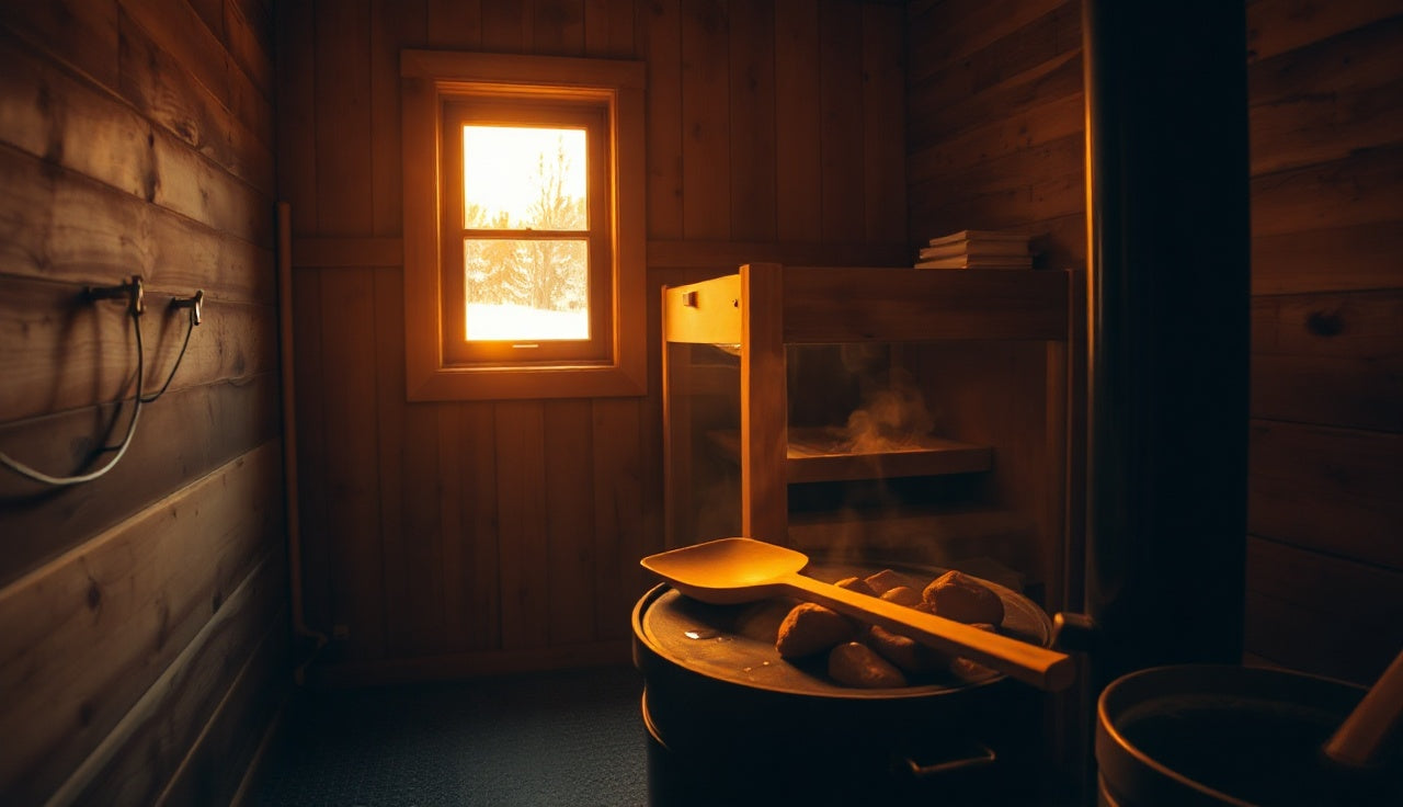 Traditional Finnish sauna interior with glowing hot rocks and rising steam