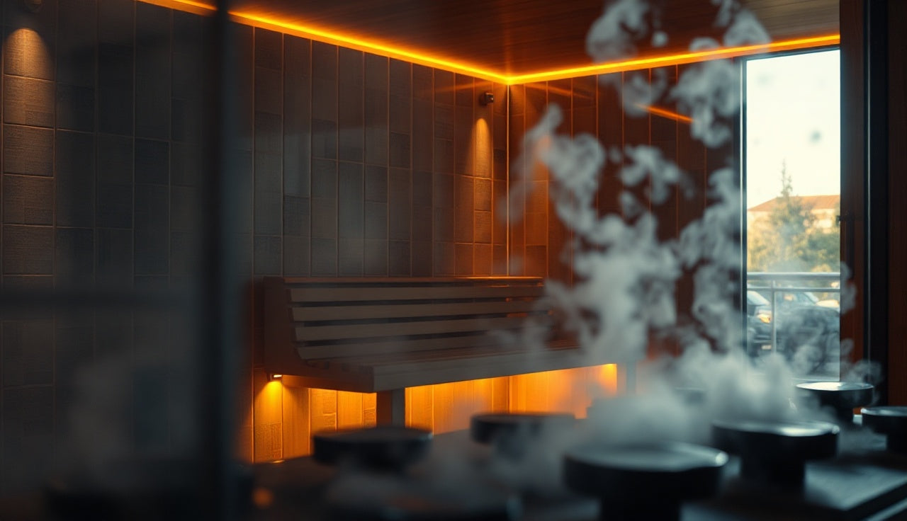 Tiled sauna and steam room interior with warm amber light and wooden bench