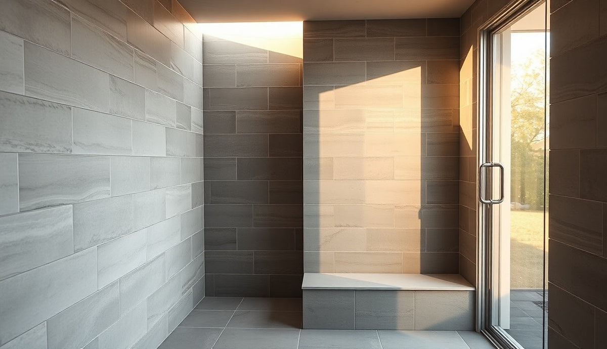 Tiled home steam room shell with a built-in bench and glass door