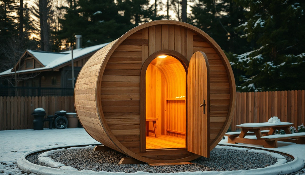 Round cedar barrel sauna on gravel pad with golden light and steam in winter backyard