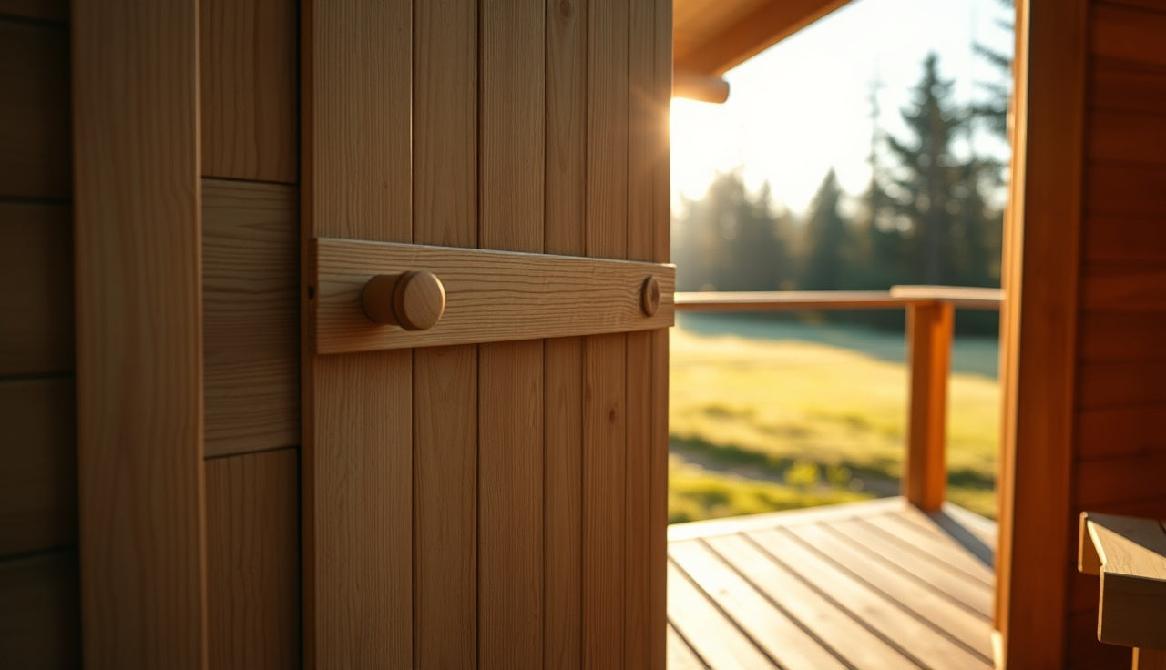 Solid wood sauna door opening outward onto a sunlit wooden deck