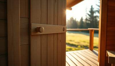 Solid wood sauna door opening outward onto a sunlit wooden deck
