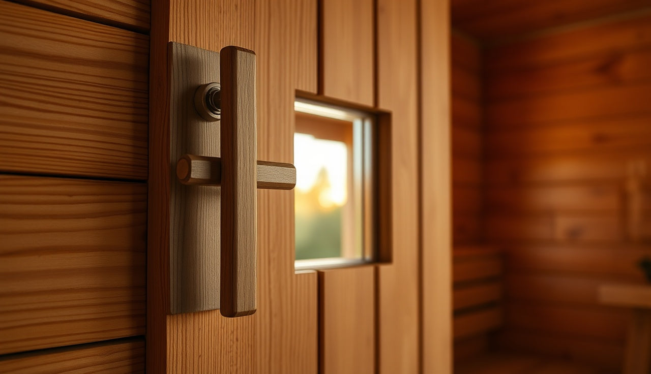 Wooden sauna door with lever latch and glass panel showing interior heat glow