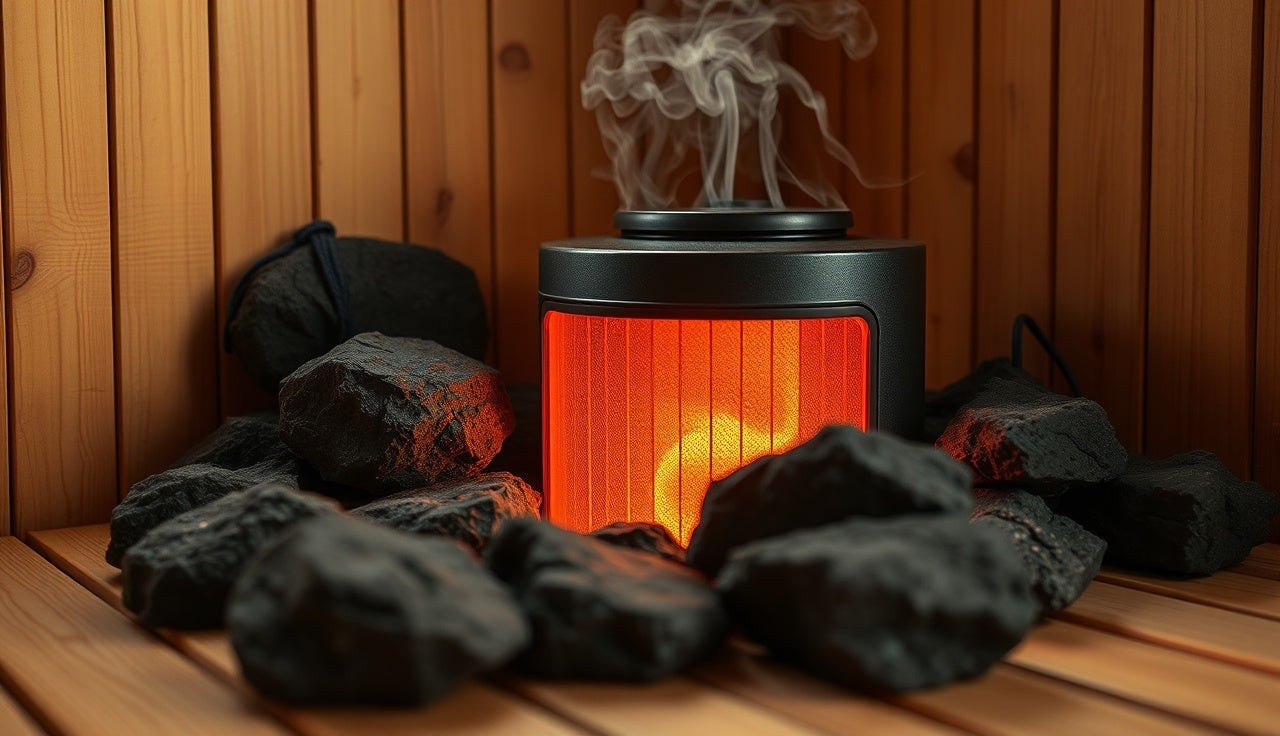 Electric sauna heater with hot volcanic rocks and rising steam in cedar sauna