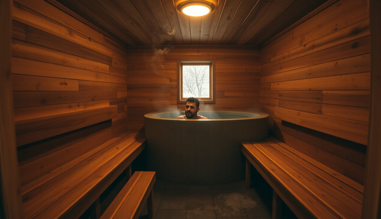 Man in wooden sauna preparing for cold plunge contrast therapy session