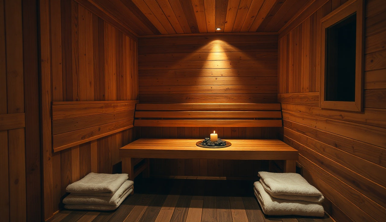 Two-tier cedar sauna bench inside a home sauna room with warm light