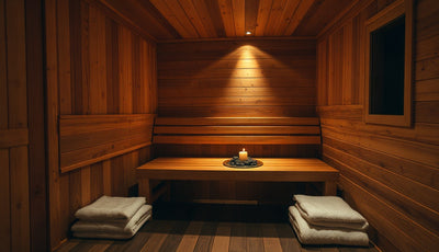 Two-tier cedar sauna bench inside a home sauna room with warm light