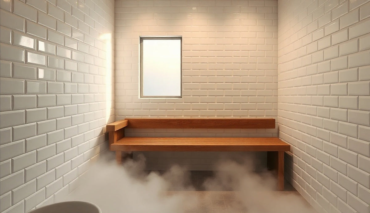 Modern home steam room with teak bench, white tile walls, and steam filling the space