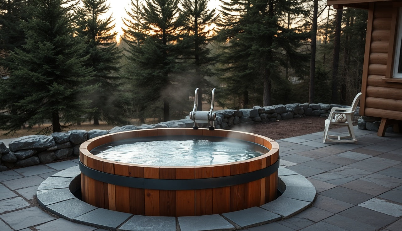 Cedar barrel cold plunge tub on a stone patio at dawn with mist rising from water