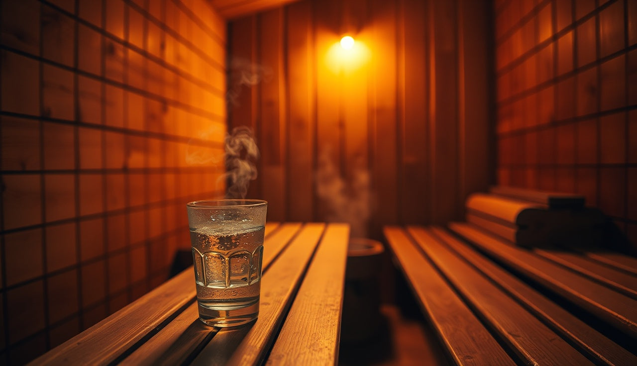 Empty wooden sauna with hot coals glowing and a glass of water on the bench