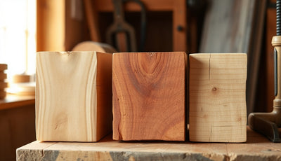 Three sauna wood boards showing cedar, hemlock, and basswood grain side by side