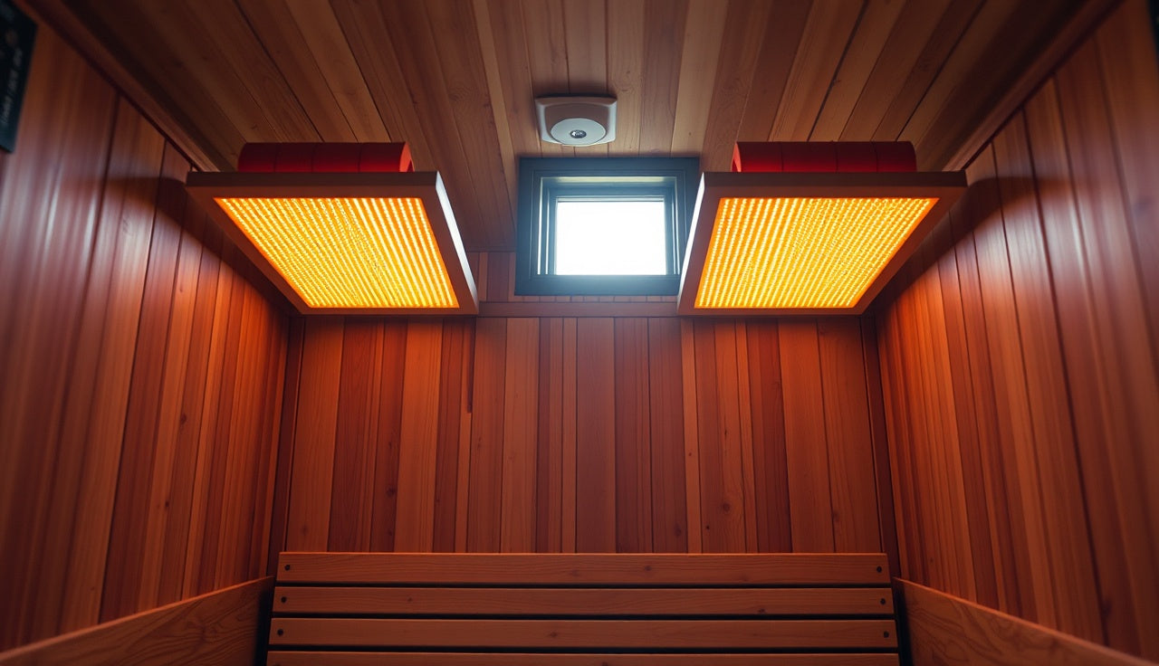 Ceiling-mounted infrared sauna panels glowing above a cedar bench inside a wooden sauna room