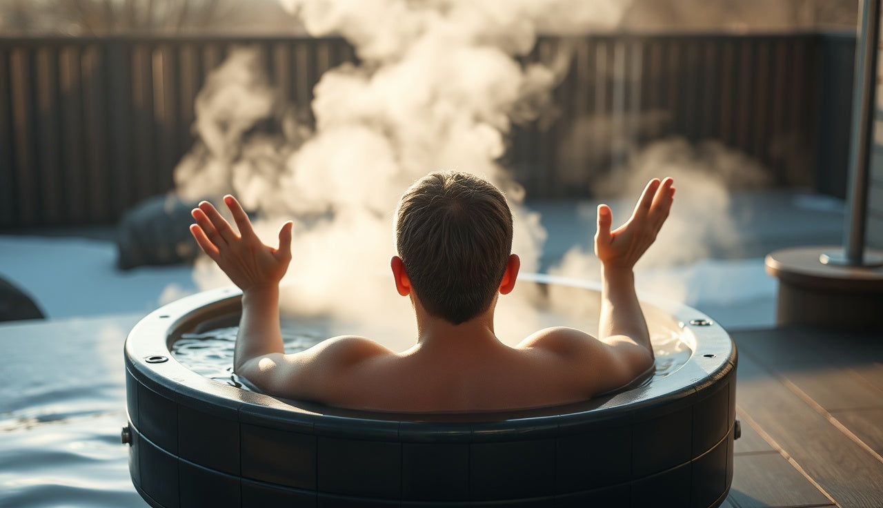 Person sitting at edge of cold plunge tub with hands raised above cold water