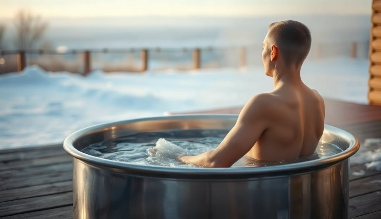 Person sitting in cold plunge tub outdoors on wooden deck in morning light