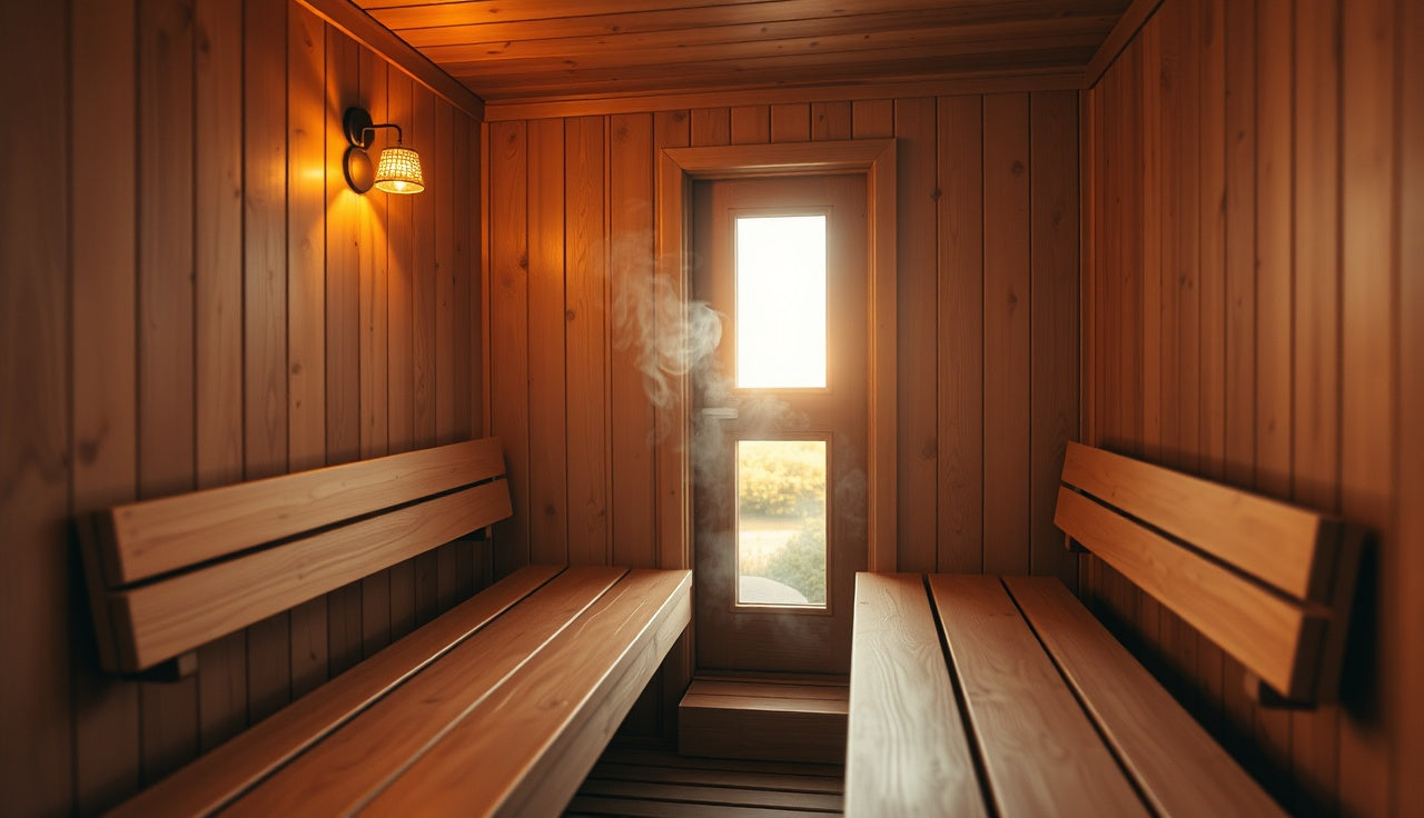 Interior of a compact 2 person cedar home sauna with steam rising from heater rocks