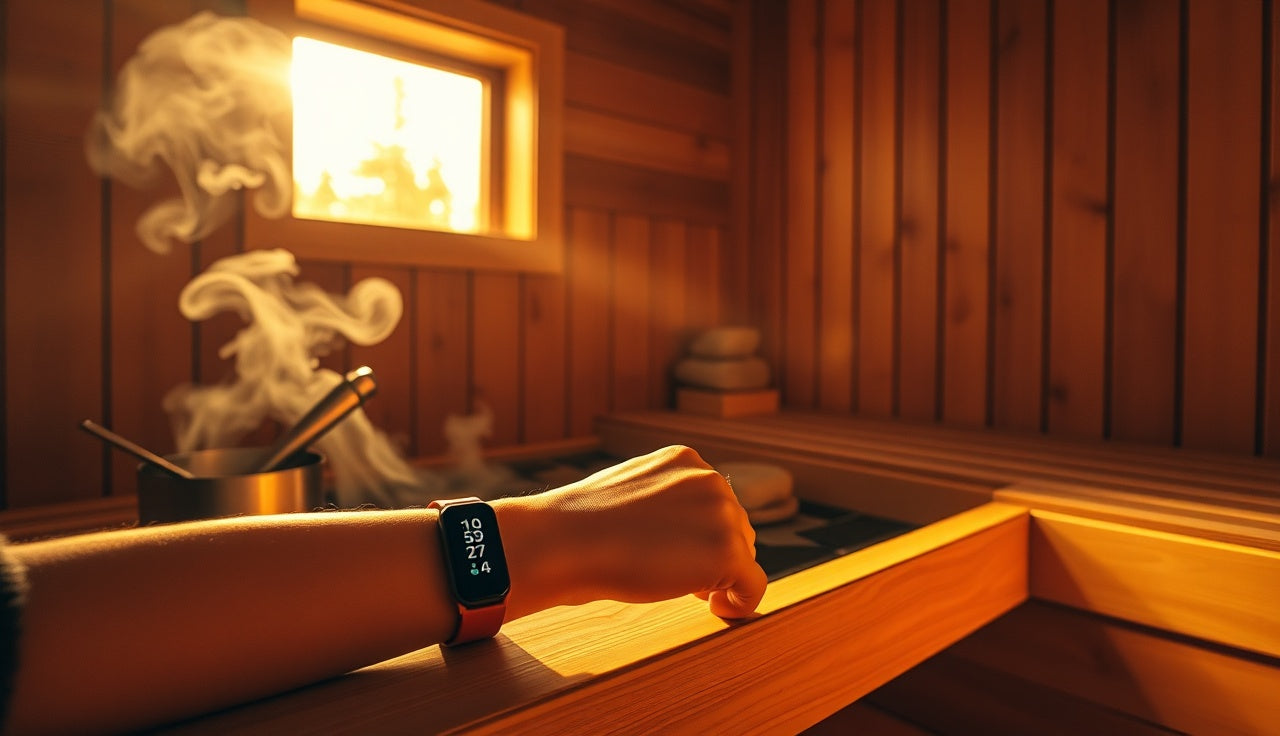 Fitness tracker resting on a wooden sauna bench beside a ladle in warm light