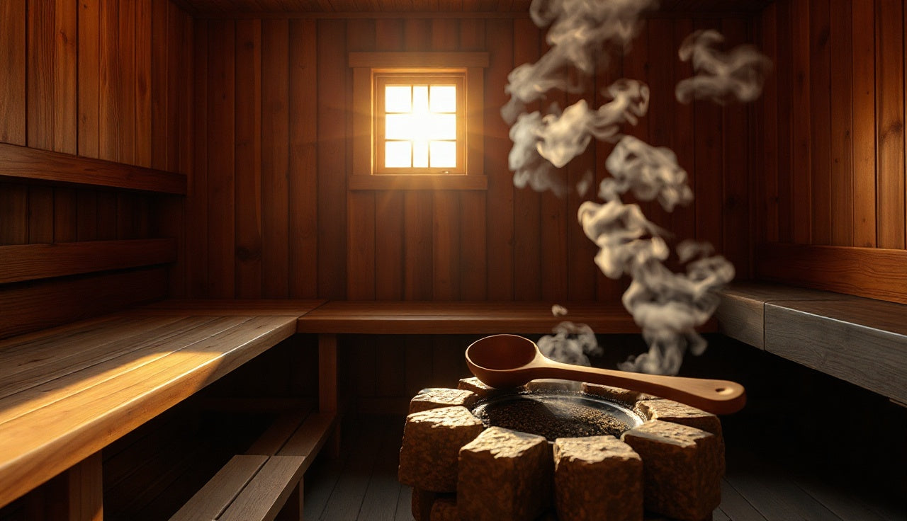 Warm cedar interior of a traditional Finnish sauna with steam rising from hot stones