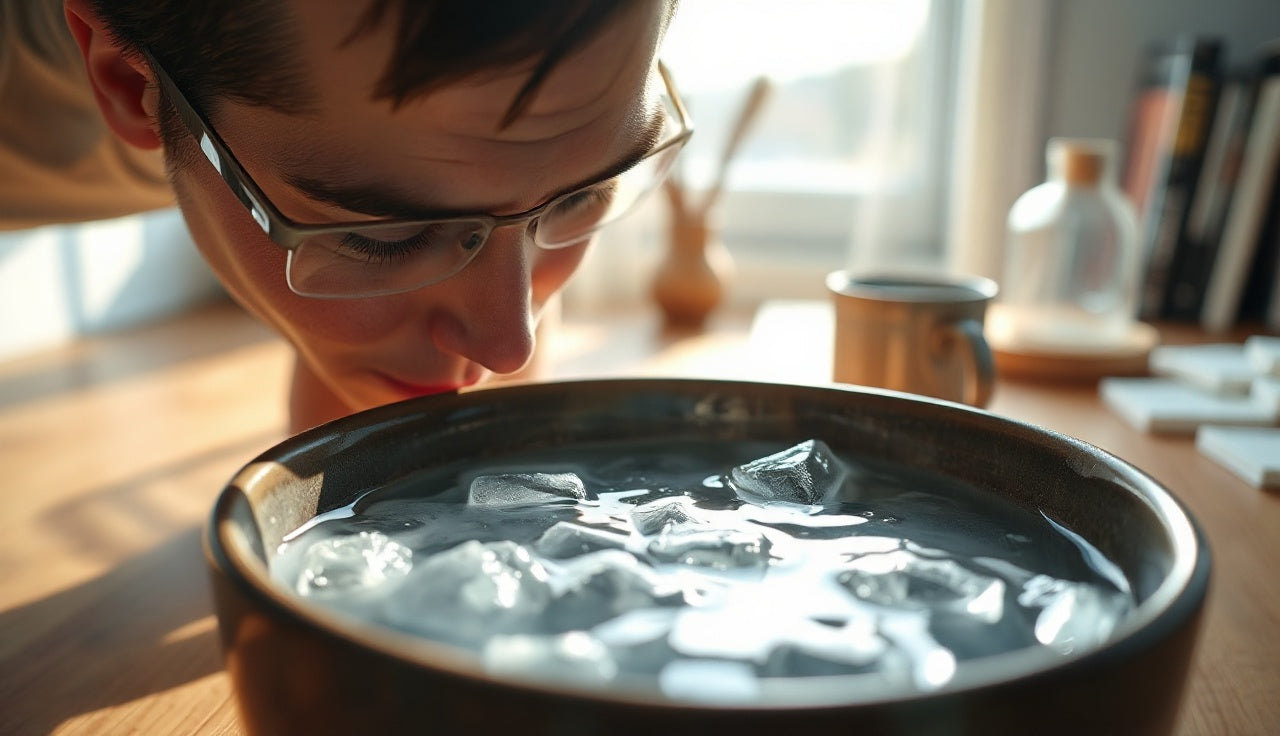 Person submerging face in bowl of cold icy water for a cold face plunge