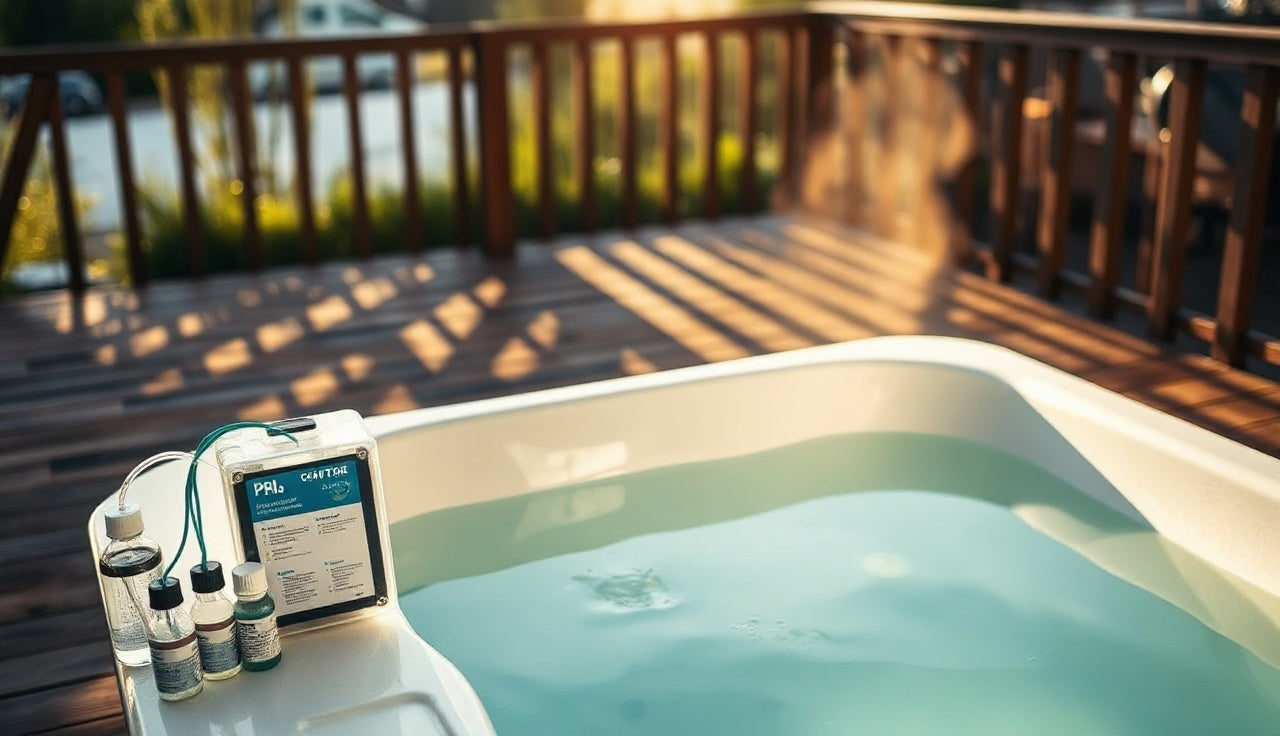 Cold plunge tub with water chemistry test kit on wooden deck