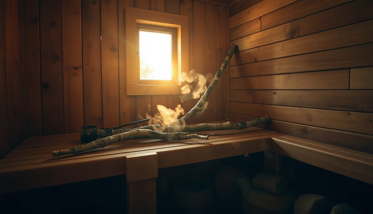 Warm wood-paneled Finnish sauna interior with steam rising from hot sauna stones